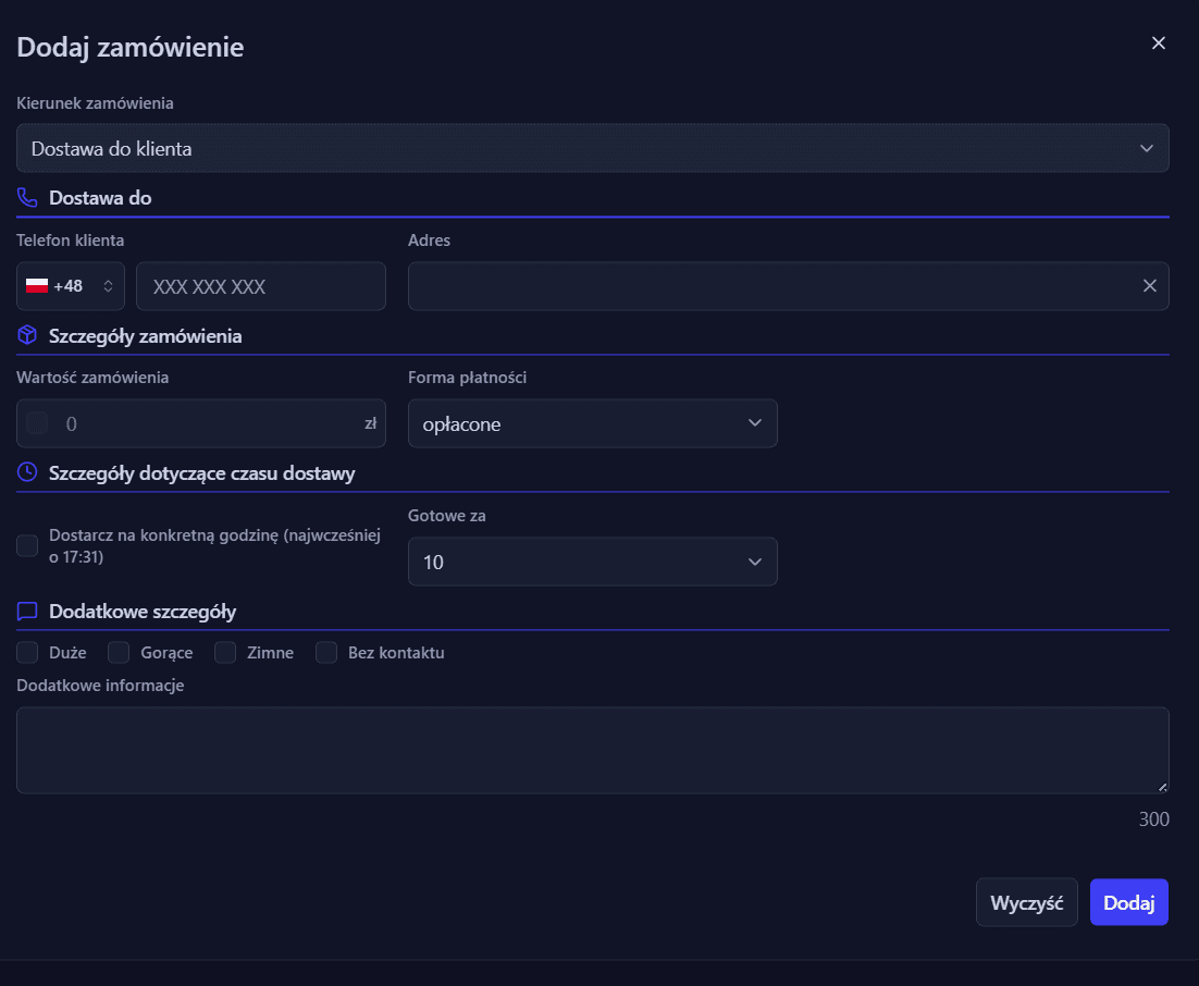 Panel dodawania zamówienia w systemie Deliverky